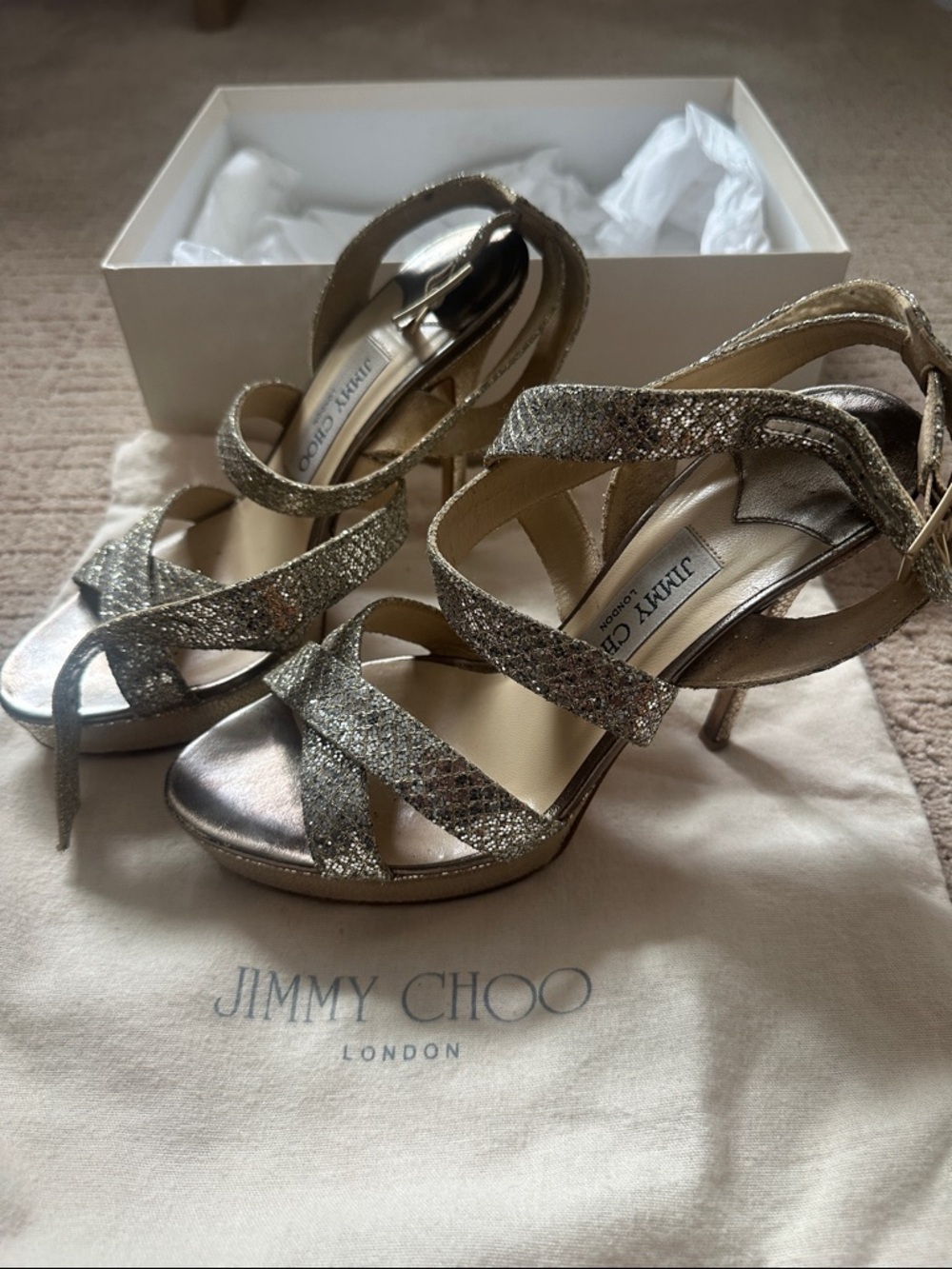 Jimmy Choo Metallic Gold Glitter Strappy Sandals